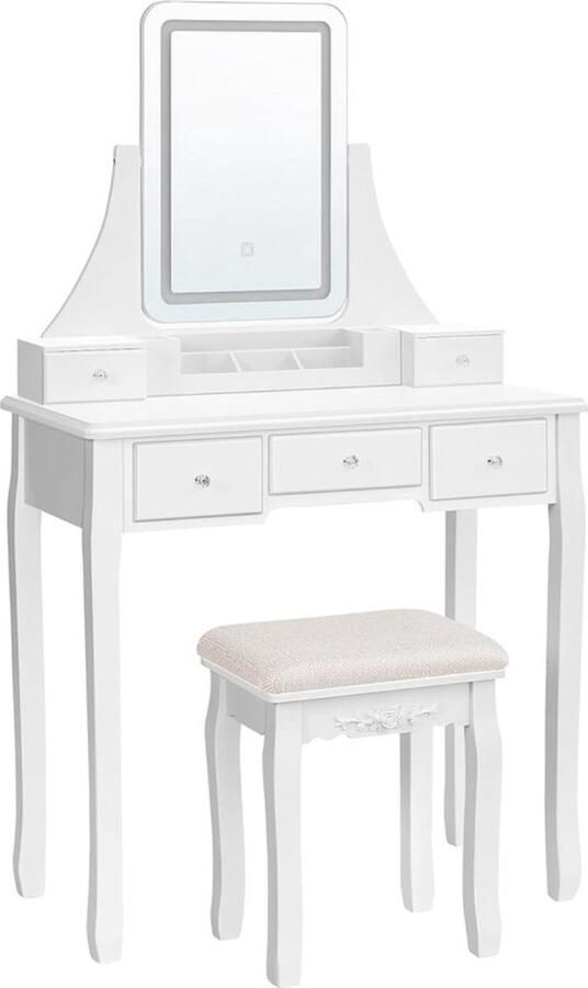 Complete set Kaptafel & Kruk Massief Houten Poten & 5 Lades & Led Verlichting 3 Kleuren Geel Koud Warm wit & Afneembare Organisatie Make-Up Tafel & Spiegel & 5 Laden Kaptafel 80X40X137.5 Kruk 37x28x45 Wit Hoge kwaliteit MDF- Cosmetica-tafel