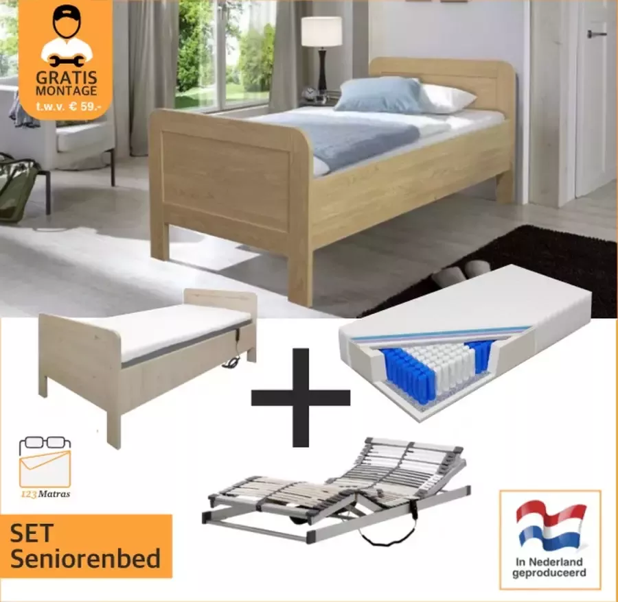 MATRAPUR Compleet elektrische set ledikant seniorenbed 90x200 cm eiken + 42-lats Elektrisch Verstelbaar + Diva De Luxe 7 zone pocketveermatras