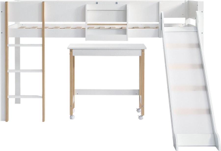 Zonder merk Gotagee Complete slaapkamer set 3-delig 90x200cm Stapelbed met glijbaan en tafel Kast en boekenrek met meerdere opbergruimten Grenenhout Wit+Natuur