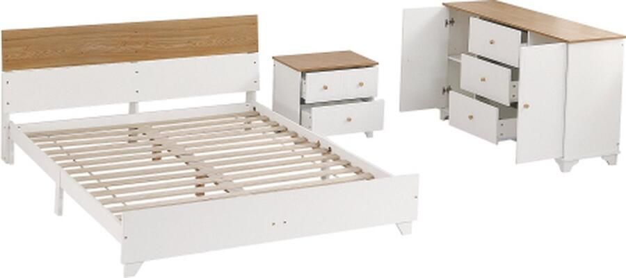 Zonder merk Gotagee Complete slaapkamer set 3-delig Tweepersoonsbed 160x200cm zonder matras met middenpoot nachtkastje met 2 lades commode met 3 lades en 2 deuren wit+Natuur