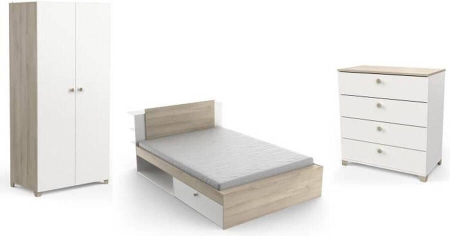 Complete volwassen slaapkamer LIFE: Bed + Ladekast + Kleerkast Eiken en wit decor Made in France DEMEYERE