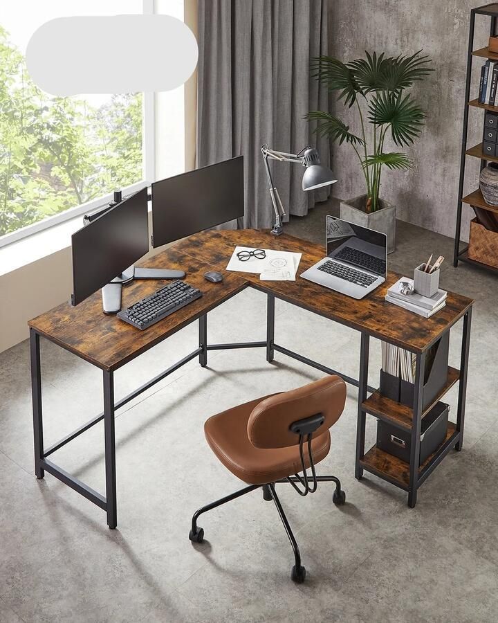 Corenia Computer Bureau Hoekbureau Gaming Tafel Computer Tafel Stabiel Bureau 138x138x76cm L-Vorm Verstelbare Poten 2 Open Planken Broen