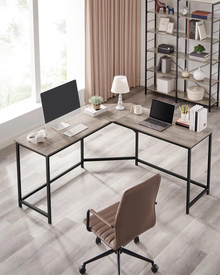 Corenia Computer Bureau Hoekbureau Gaming Tafel Computer Tafel Stabiel Bureau 149x149x75cm L-Vorm Verstelbare Poten 2 Open Planken Donker Kaki