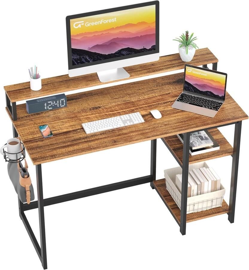 Computer Bureau met Monitor Stand en Opslagplaten 120 x 55cm Home Office Bureau voor Studie en Gaming Walnoot
