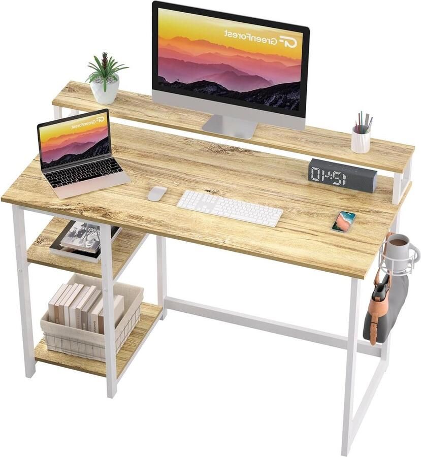 Computer Bureau met Monitor Stand Opslagplanken 120 x 55cm Home Office Bureau voor Studie Schrijven Gaming Met Hoofdtelefoon Haak en Kophouder Beige