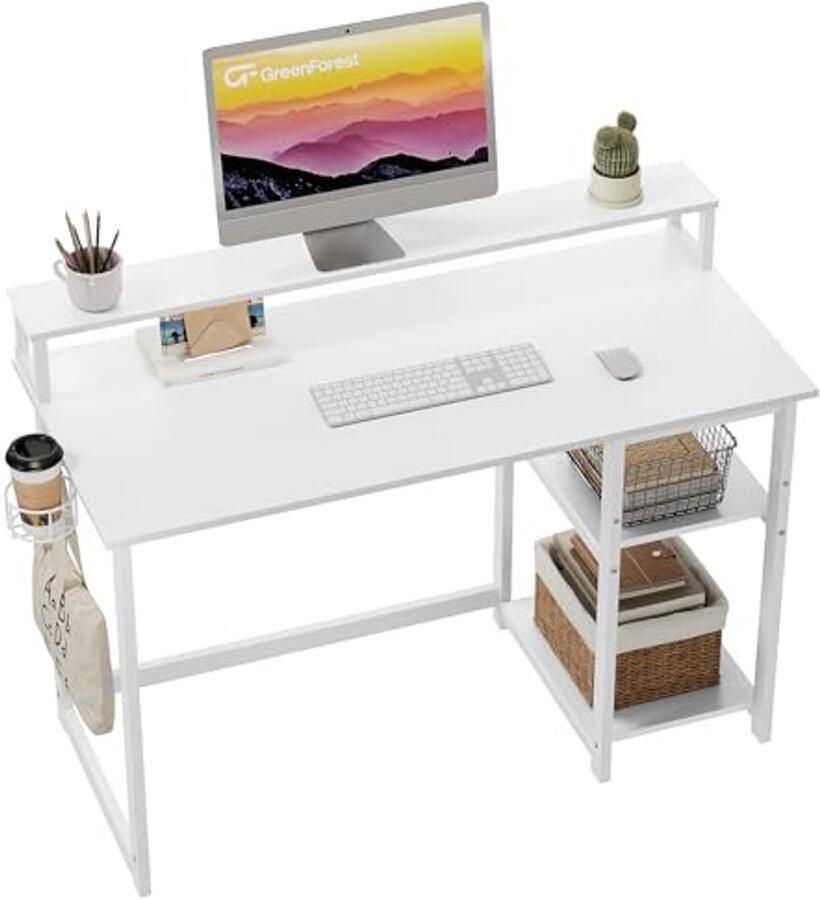 Computer Bureau met Volledig Beeldscherm en Opbergplanken 120cm Zuiver Wit