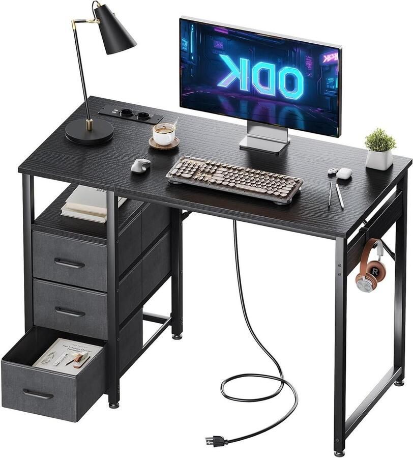 Klein bureau met stoffen laden Bureautafel met USB-poorten 1 stuk zwart 100 x 48 x 75 5 cm