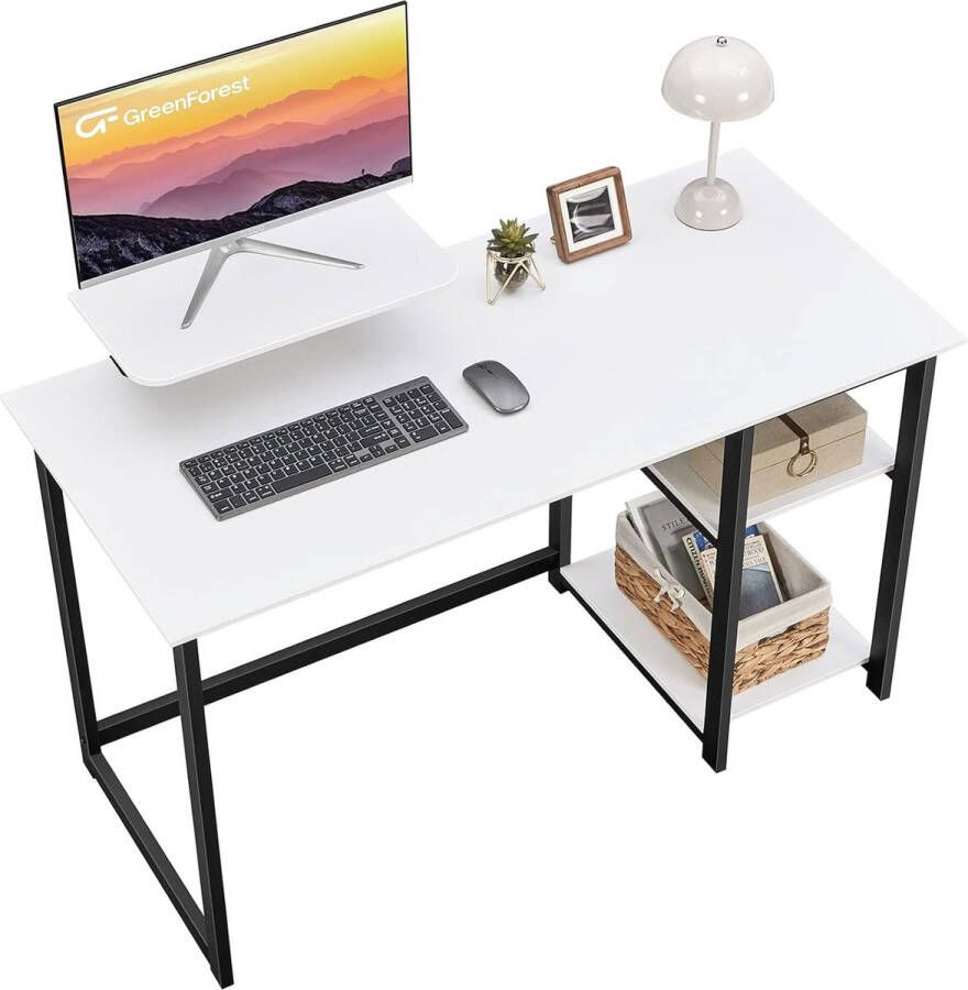 GreenForest Home Office Desk with Reversible Storage Shelves Small 100 cm Computer Desk with Adjustable Shelves for Students for Small Spaces Bedroom Modern PC Laptop Desk White