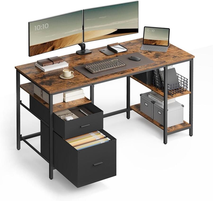Computertabel Werkbureau Studiebalie Vintage Brown -Black 3 planken en 2 laden HOUTEN THIPBOUD & STALEN 60X140X76CM