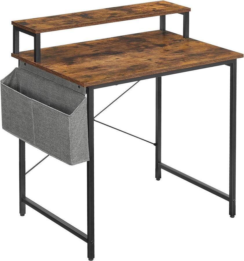 Computerbureau leertafel met displaystandaard stoffen opbergtas X-stangen verstelbare poten 85 x 55 x 90 cm industriële stijl rustiek bruin en zwart