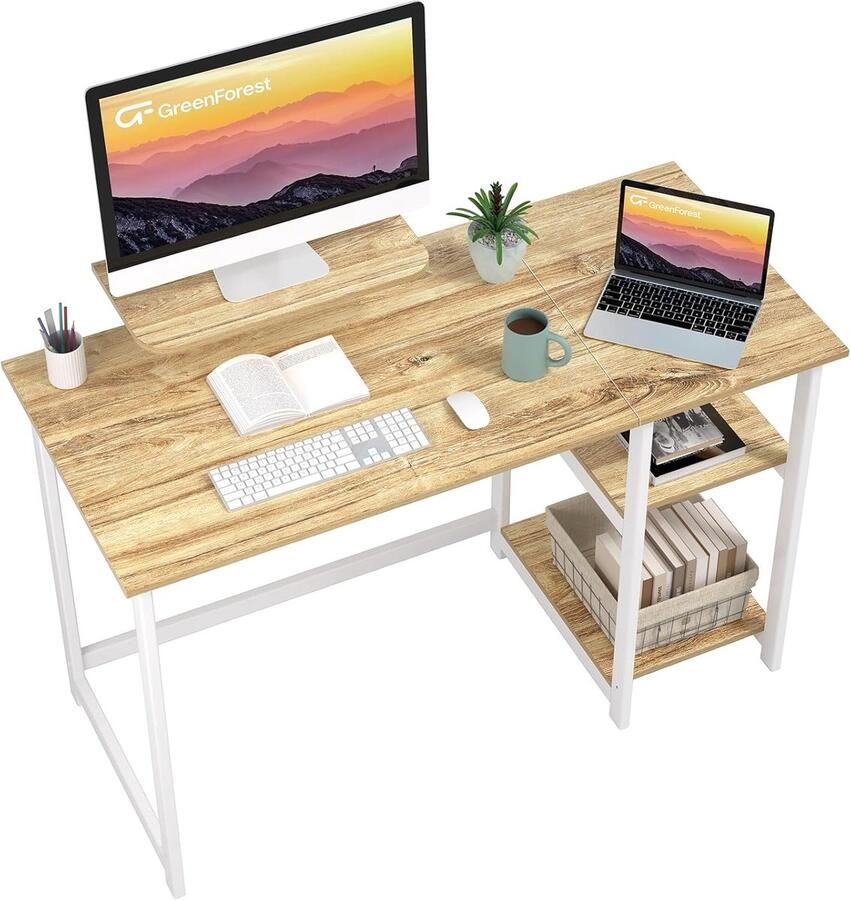 Computerbureau met Monitor Stand 100cm Home Office Bureau met Opbergplanken voor Kleine Werkruimtes Beige