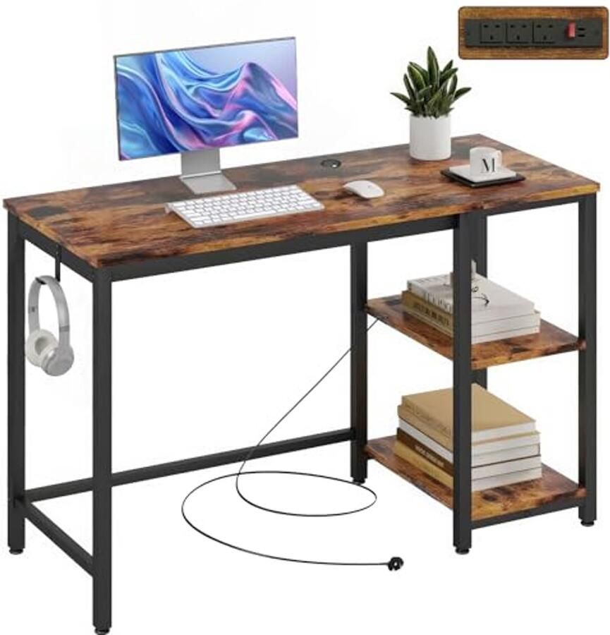 Computerbureau met Opbergplanken Rustiek Bureau 100 x 50 cm met 2 Planken en Stopcontact voor Thuiskantoor
