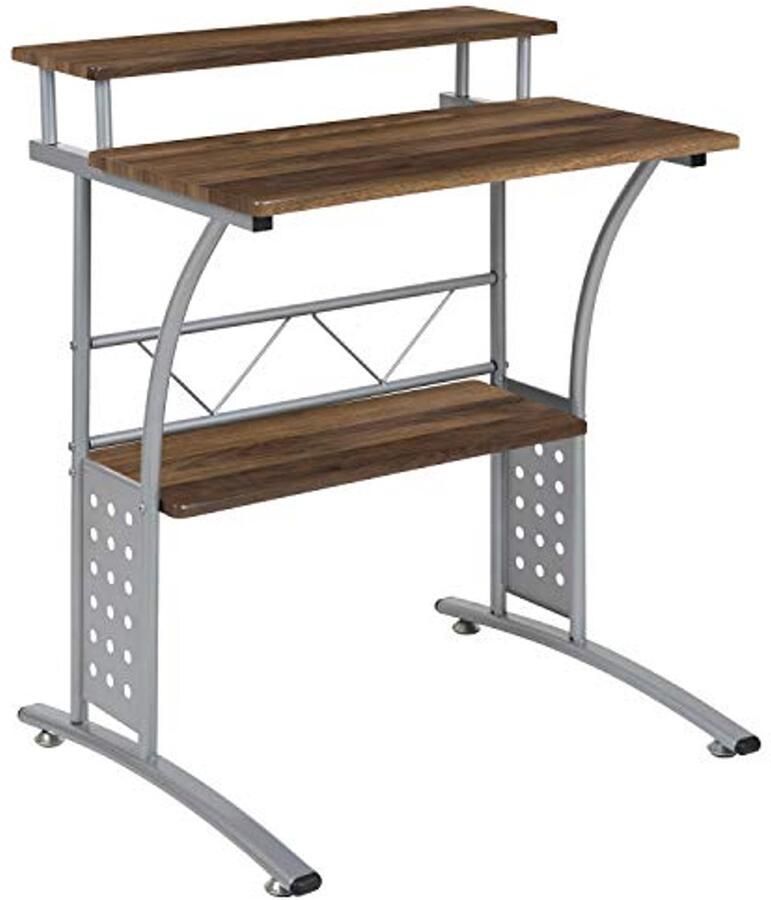 Computerbureau met opbergvakken en metalen frame in rustiek walnoot