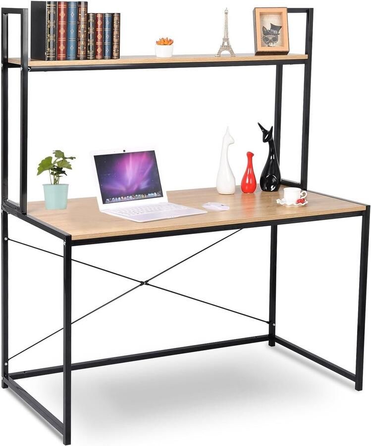 Rootz Living Rootz computerbureau met plank thuiskantoor studeertafel houten en stalen frame ruime opbergruimte eenvoudige en moderne stijl 120 cm x 60 cm