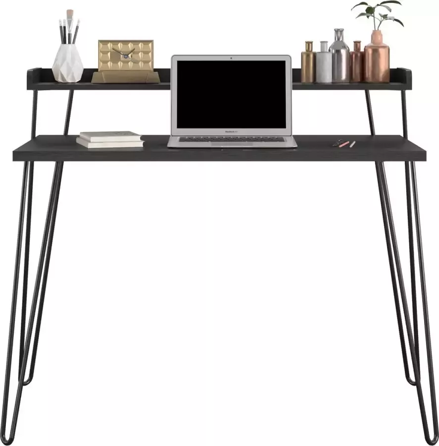 Computerbureau met verhoger in gelamineerd spaanplaat zwart eiken - Foto 2