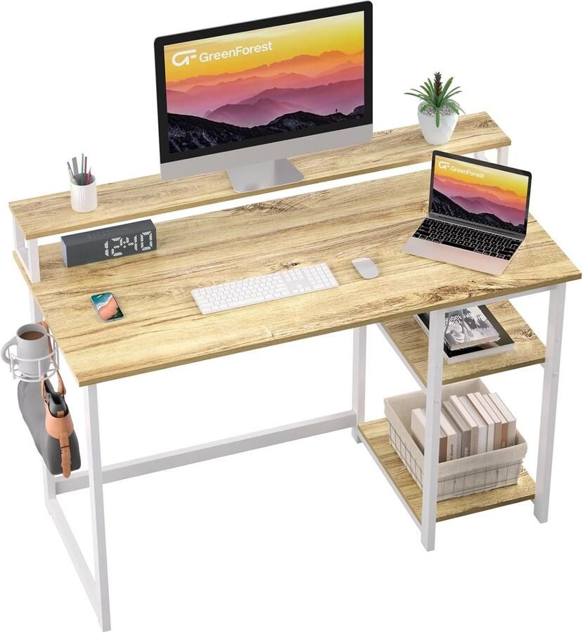Computerbureau met volledige monitor standaard en omkeerbare opbergplanken 120 cm thuiskantoor bureau met hoofdtelefoonhaak en bekerhaken studie gaming werkstation tafel beige