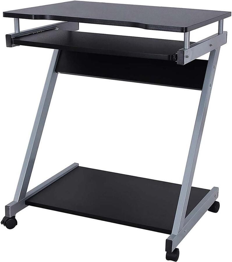 Computerbureau werktafel verrijdbaar Z-vormig bureau met uitschuifbaar toetsenbordrek en wieltjes voor eenvoudig verplaatsen van het bureau compact ontwerp geschikt voor kleine ruimtes 60 x 48 x 73 cm zwart