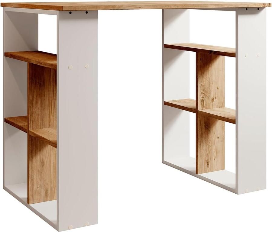 Computerbureau – Wit met houtkleurige accenten 10 opbergvakken ideaal voor jongeren of studenten