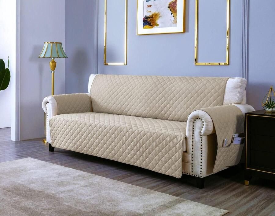 Waterdichte Bankhoes met Opbergvakken 2 Zitplaatsen (120 CM) Gequilte Gevoerde Antikras Bankhoes Crèmewit Beige