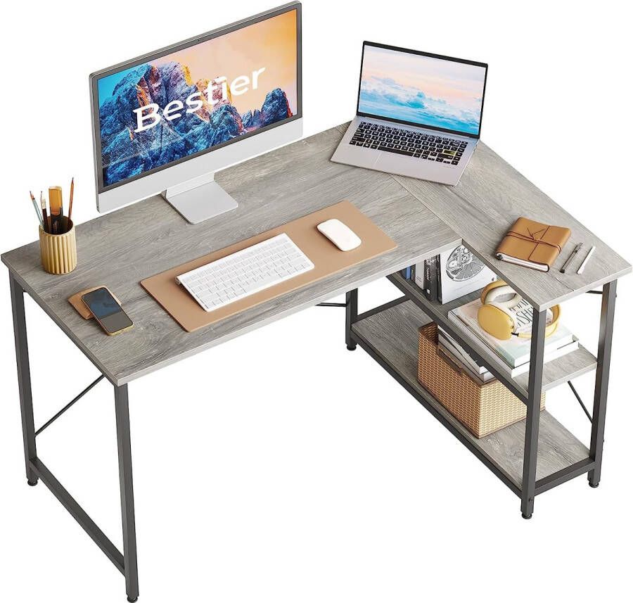 Computertafel 120 cm omkeerbaar L-vorm hoekbureau met plank verstelbare hoogte klein bureau met opbergvakken voor thuiskantoor ruimte sterker X-vormige houder lichtgrijs