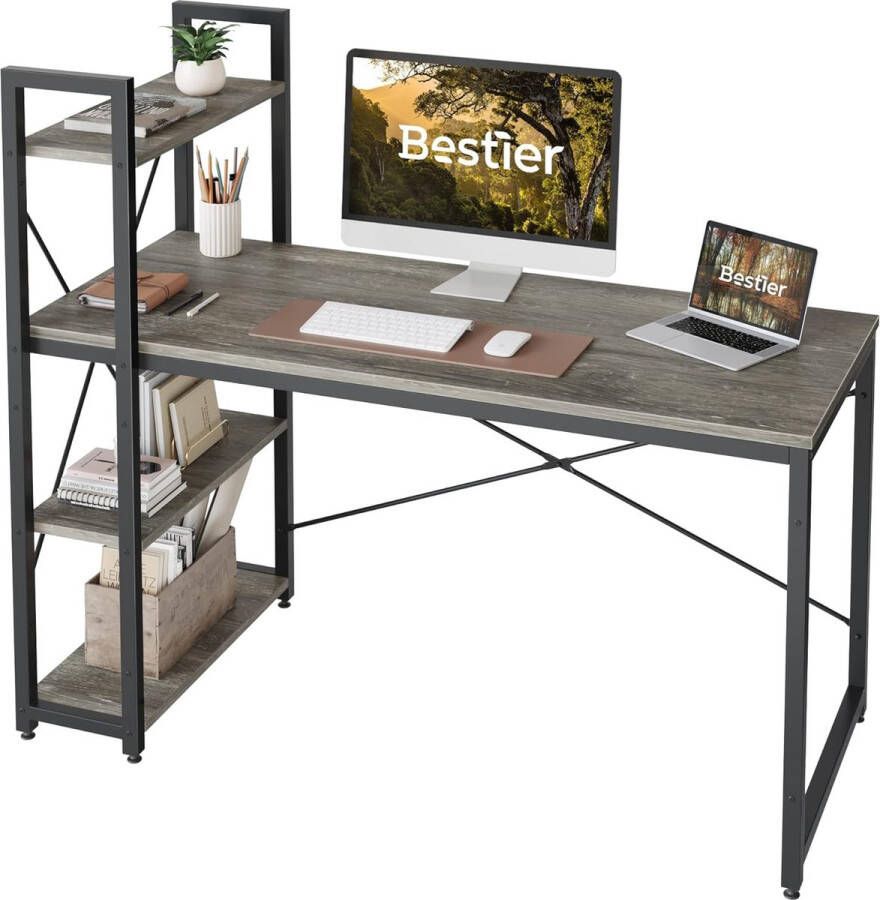 Computertafel 140 cm omkeerbaar bureau met plank bureautafel met opbergvakken hoofdtelefoonhaak sterke X-vormige houder diepbruin voor thuiskantoor kleine tafel grijs