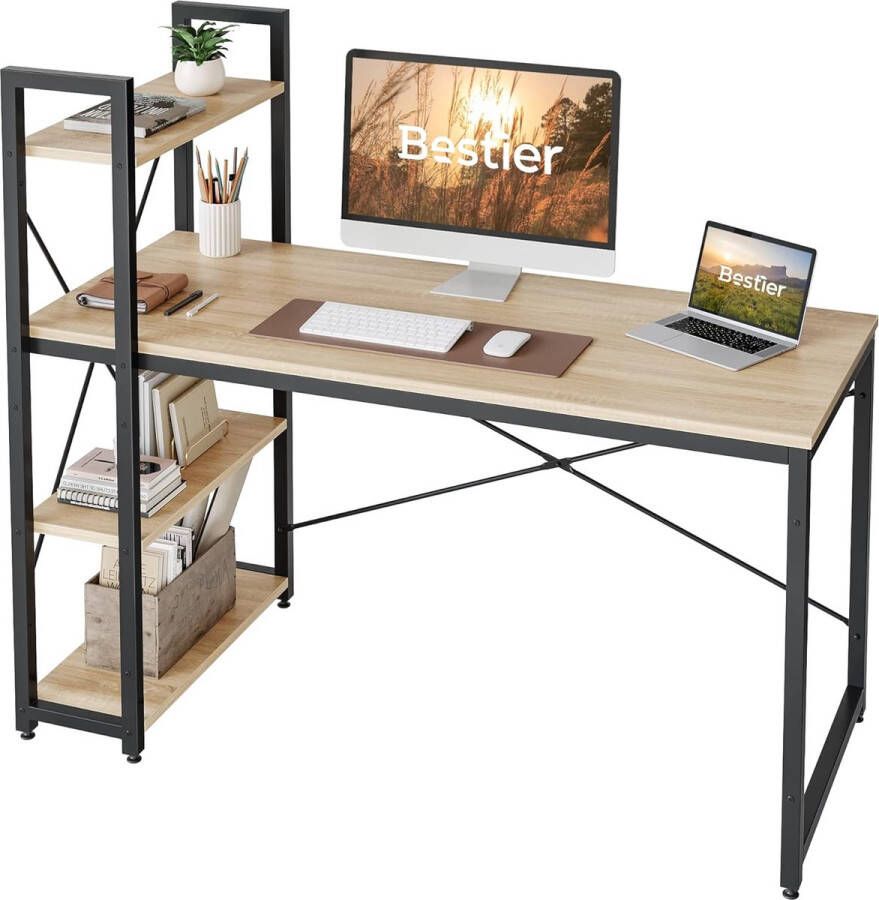 Computertafel 140 cm omkeerbaar bureau met plank bureautafel met opbergvakken hoofdtelefoonhaak sterke X-vormige houder diepbruin voor thuiskantoor kleine tafel eiken