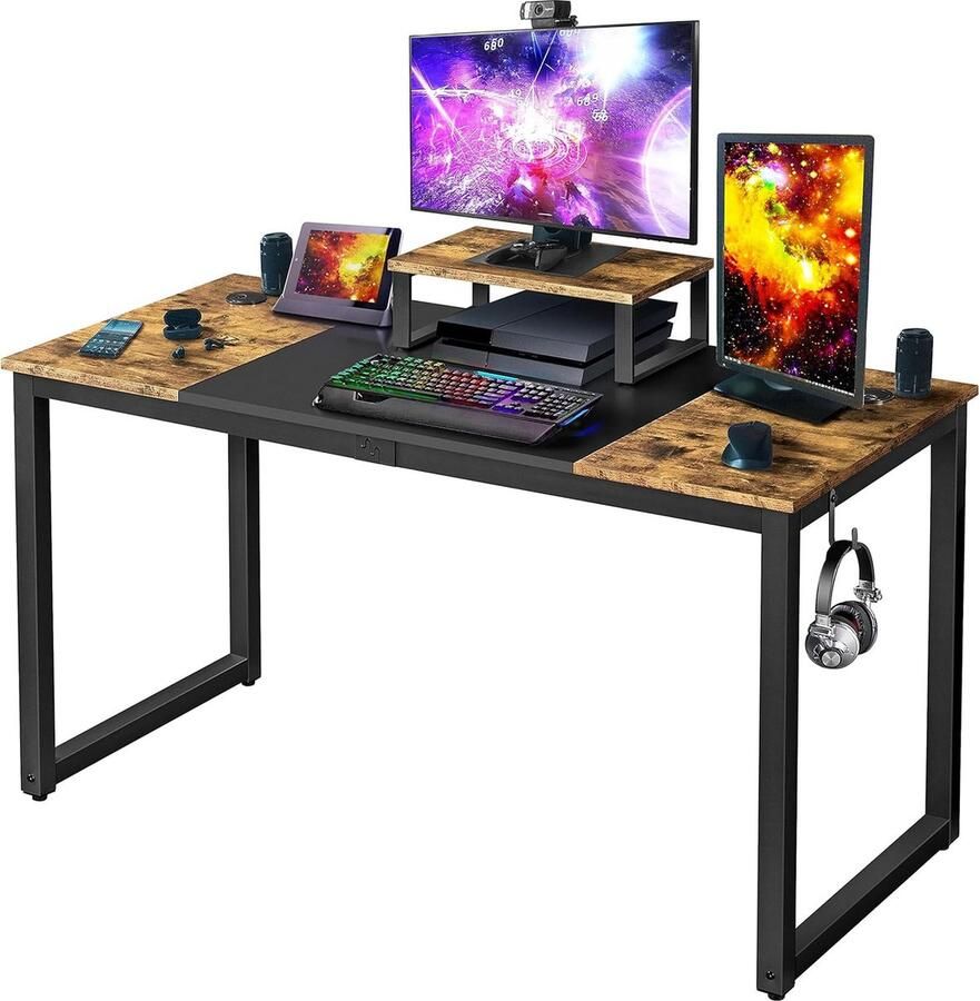 Computertafel 140 x 60 x 75 cm bureau voor gaming werk werkkamer met motorhouder 2 ogen voor kabels 1 oorhaak rustiek bruin