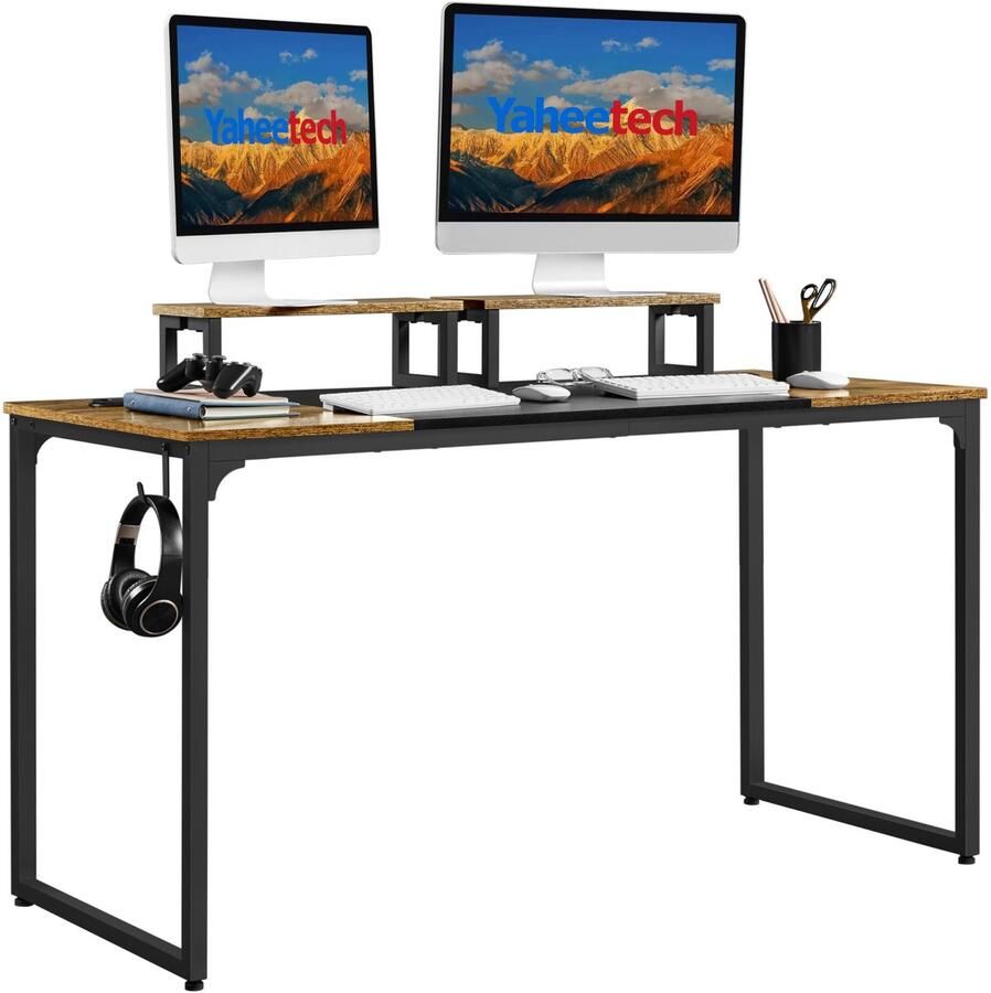 Computertafel 140 x 60 x 75 cm bureau voor gaming werk werkkamer met motorhouder 2 ogen voor kabels 1 oorhaak rustiek bruin