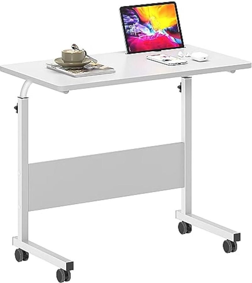 Computertafel bijzettafel laptoptafel 80 x 40 cm in hoogte verstelbaar pc-tafel bedtafel klein bureau op wieltjes desktop met groef