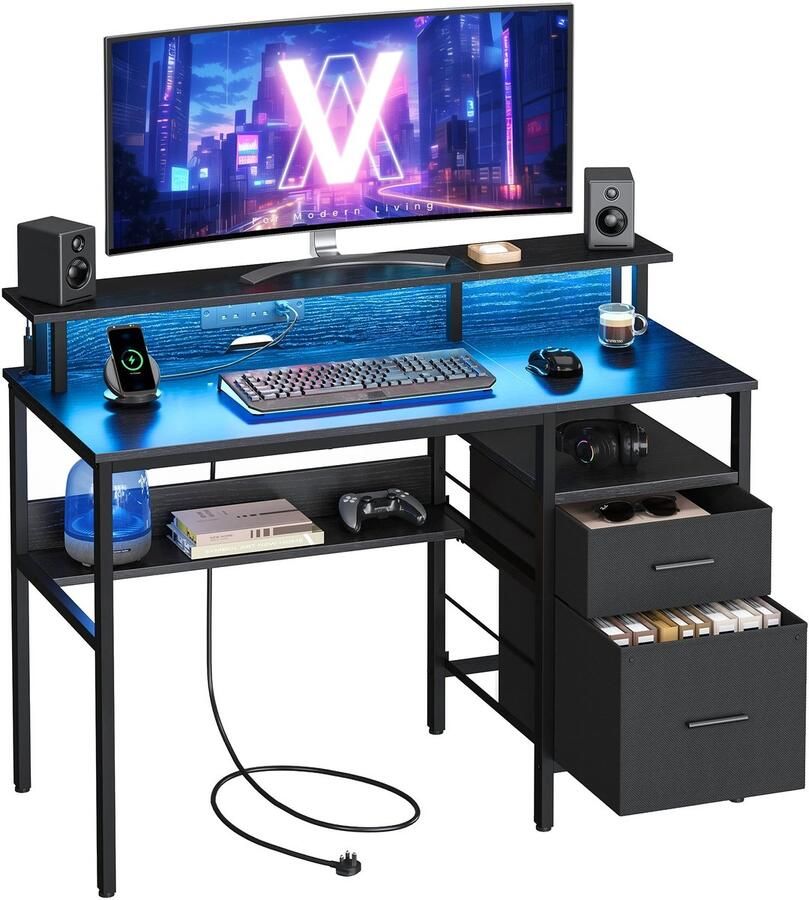 Maison Nordique Bureau Bureaus Bureau met lades Stoffenlades 55x120x90cm Met led verlichting Met stopcontact Zwart