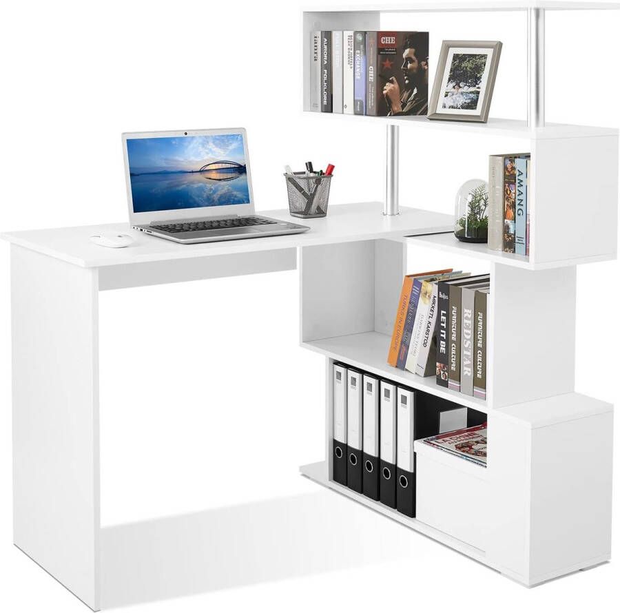 Computertafel L-vormig hoekbureau met 360 graden draaibare boekenkast voor werkkamer woonkamer kantoor 157 x 45 x 130 5 cm wit