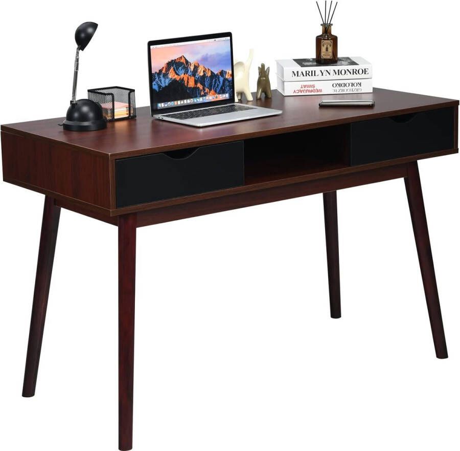 Computertafel met 2 laden en open opbergvak 120 cm bureau landhuisstijl kantoortafel van massief hout pc-werkplek consoletafel voor werkkamer kantoor en woonkamer bruin
