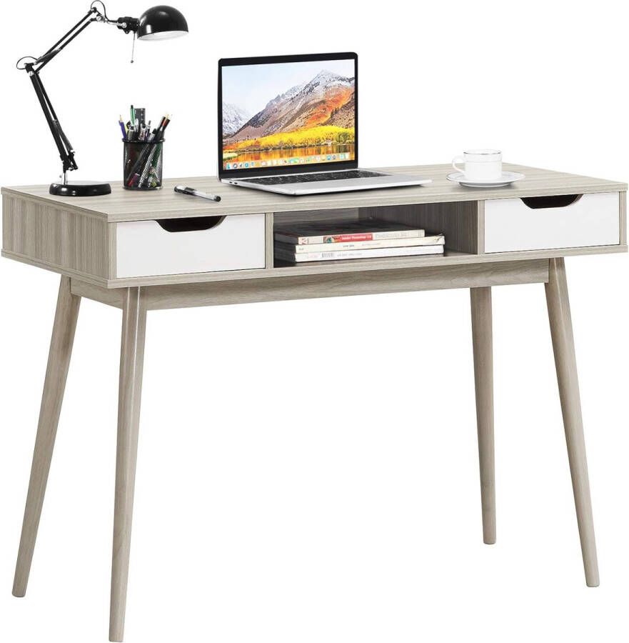 Computertafel met 2 laden en open opbergvak modern bureau 110 cm bureau van massief hout pc-werkplek consoletafel voor werkkamer & kantoor & woonkamer (grijs)