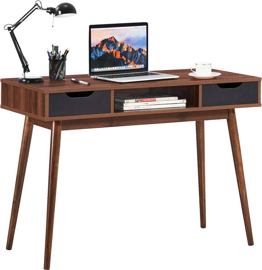 Computertafel met 2 laden en open opbergvak modern bureau 110 cm massief houten bureautafel pc-werkplek consoletafel voor werkkamer kantoor en woonkamer bruin