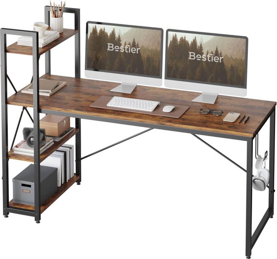 Computertafel met opbergvakken bureau klein met planken 160 cm omkeerbare computertafel met boekenplank voor thuiskantoor kleine ruimte
