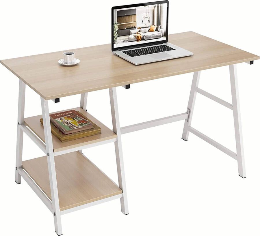 Computertafel met plank bureau 120 x 60 cm bureau hout laptop pc-tafel bureau met opbergvakken werktafel voor thuis werkkamer esdoorn en wit