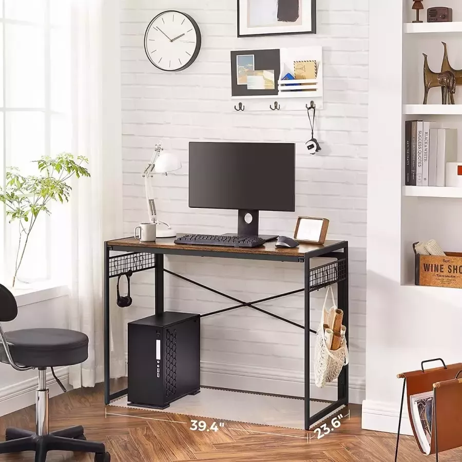 Computertafel opklapbaar bureau met 8 haken werkplek geen gereedschap nodig industrieel ontwerp voor thuiskantoor laptop en PC vintage bruin-zwart LWD042B05