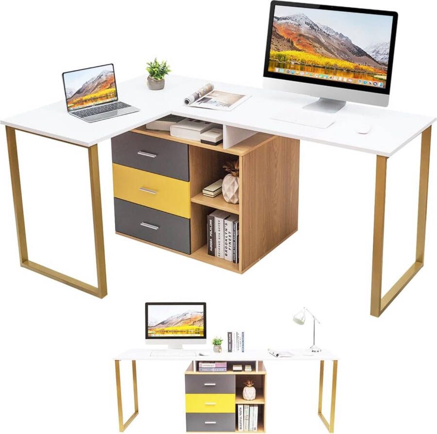Computertafel voor 2 personen met 3 laden en 2 open vakken L-vormige hoekbureau schrijftafel werktafel hout hoekcombinatie tafel voor thuiskantoor