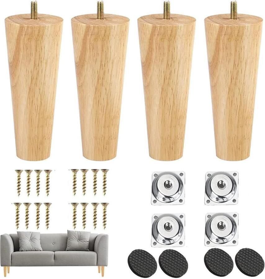Conische houten meubelpoten 12 cm antislip 4 stuks hout