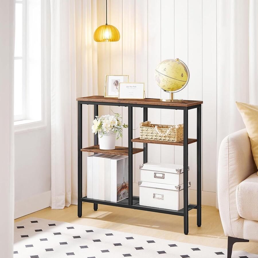 Console Table 4 Tier Narrow Side Table with Mesh Shelves Industrial Sofa Table for Entrance Hallway & Living Room Rustic Brown-Black