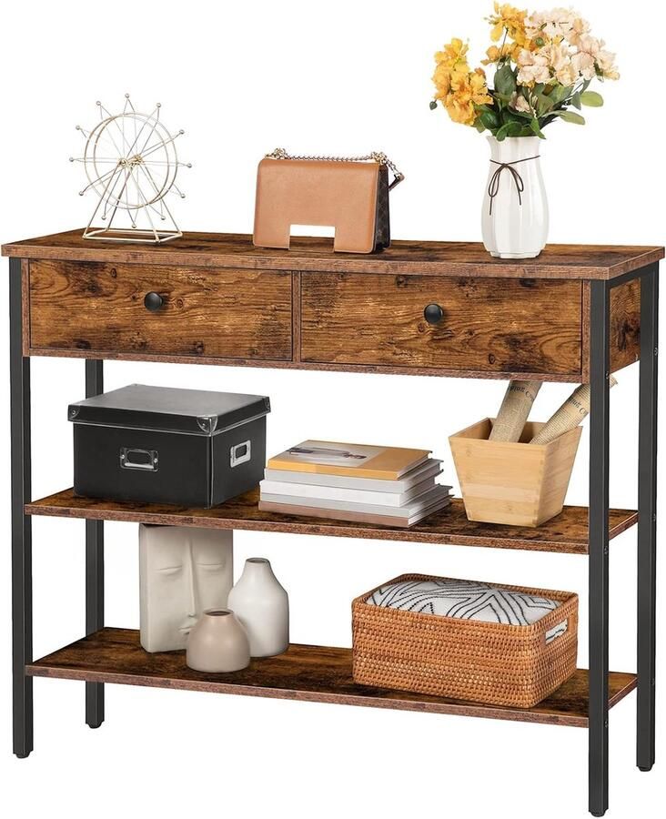 Console Table with 2 Drawers and 2 Shelves – Entryway Table with Metal Frame – Sofa Table for Hallway Entrance or Living Room – Vintage Brown Black