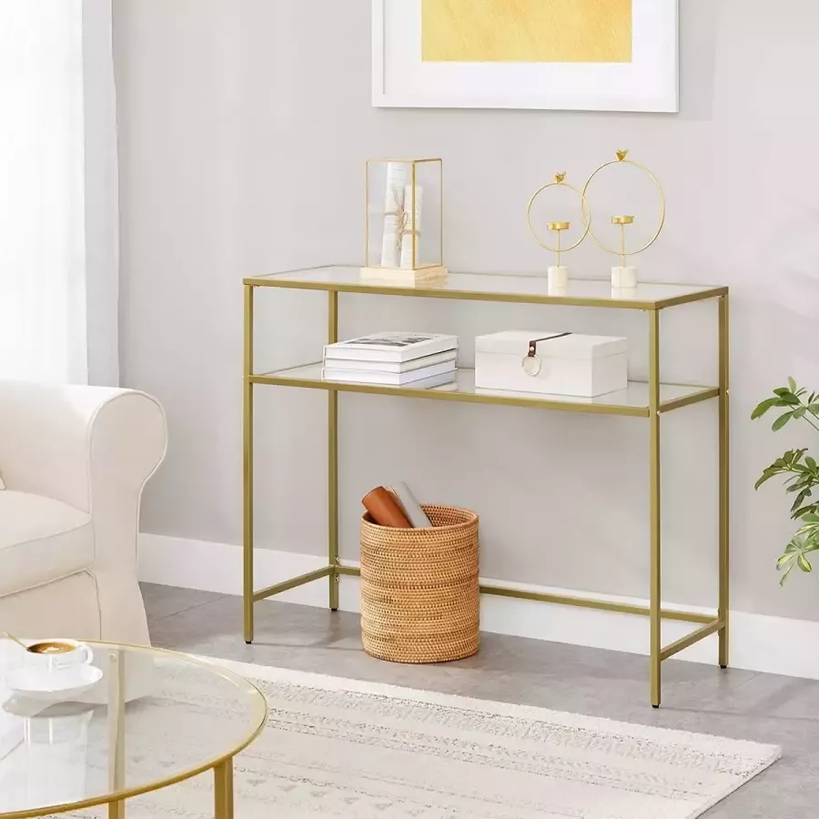 Console tafel bijzettafel met 2 planken gehard glas opbergrek metalen frame verstelbare poten voor woonkamer gang gouden