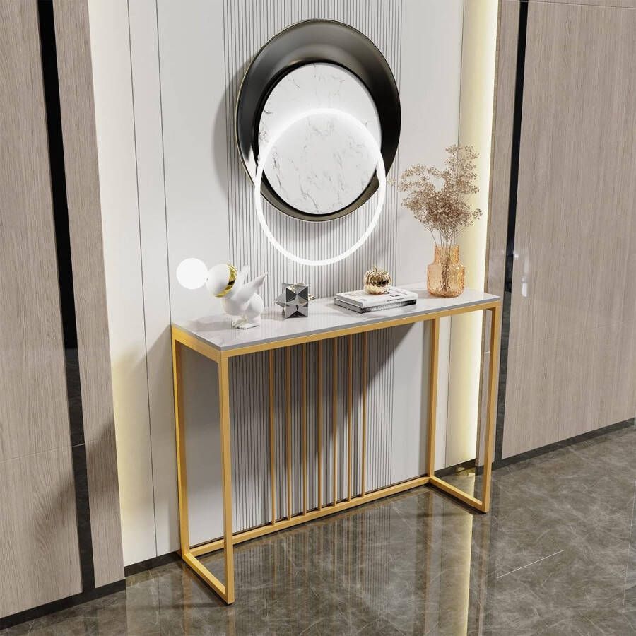 Console Tafel voor Hal 100x30x78.5cm Foyer Tafel Echt Gesinterde Stenen Tafel Hoogglans Marmeren Tafelblad met Luxe Gouden Benen Elegante Sofa Bijzettafel Console Entryway Tafel Hall Tafel