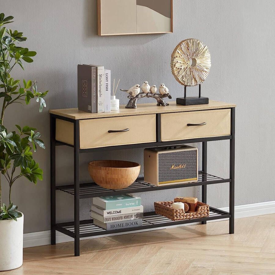 Consolebord voor de entree met 2 stoffen winkels 3 verschillende industriële bankplanken voor hal woonkamer slaapkamer hout metalen frame grijs eiken eenvoudige montage - Foto 2