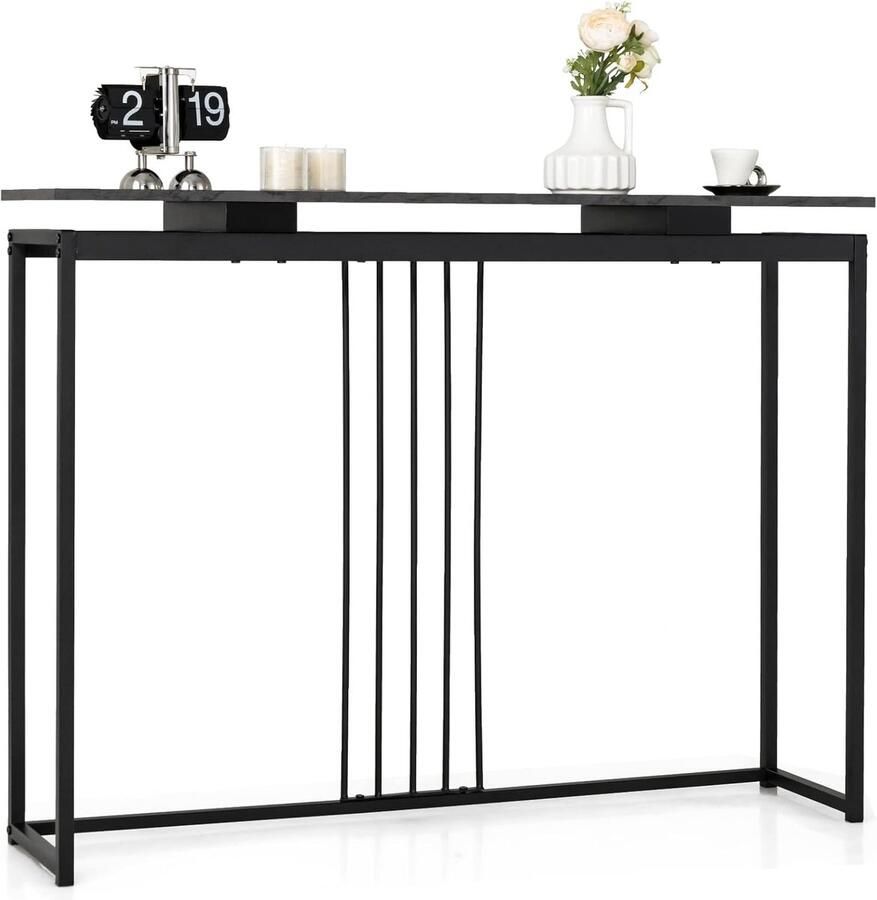Consoletafel 120 cm – Smalle Zwarte Bijzettafel met Kunstmarmeren Blad Stalen Frame & Anti-kantelkit voor Woonkamer of Hal