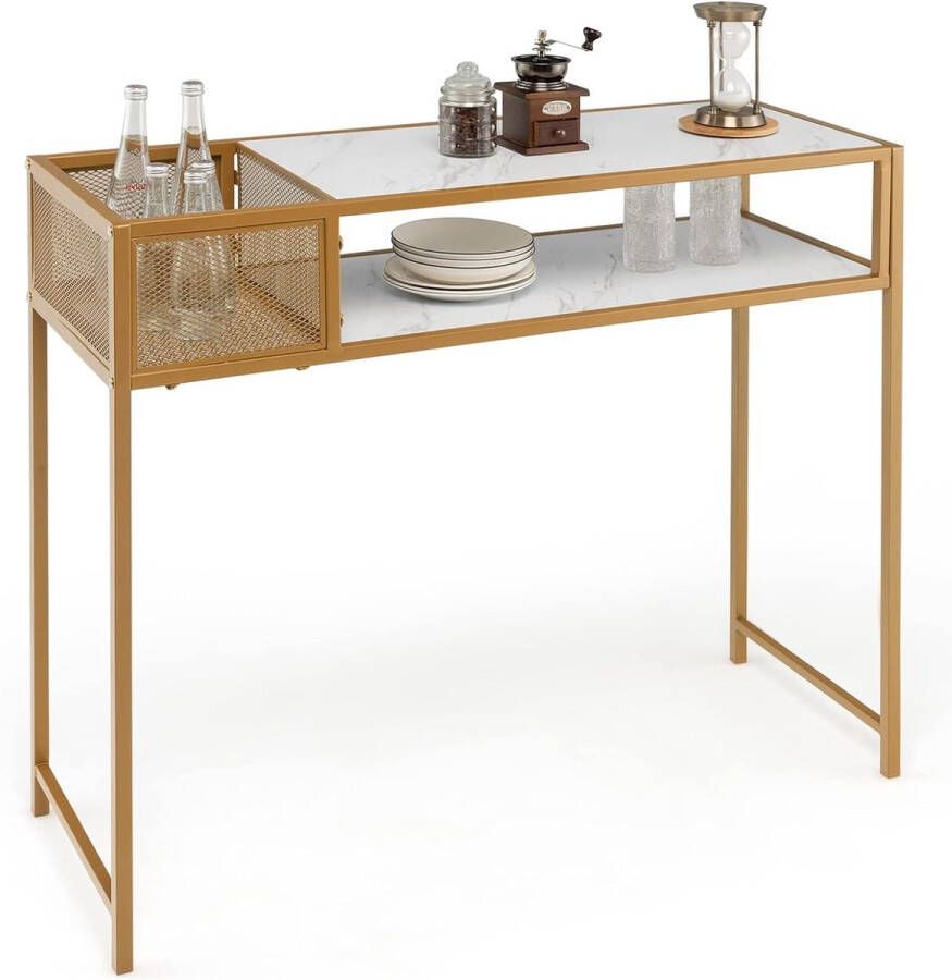 Consoletafel 2 niveaus marmerlook bijzettafel met goudkleurig metalen frame modern met mand 110 x 40 x 90 5 cm