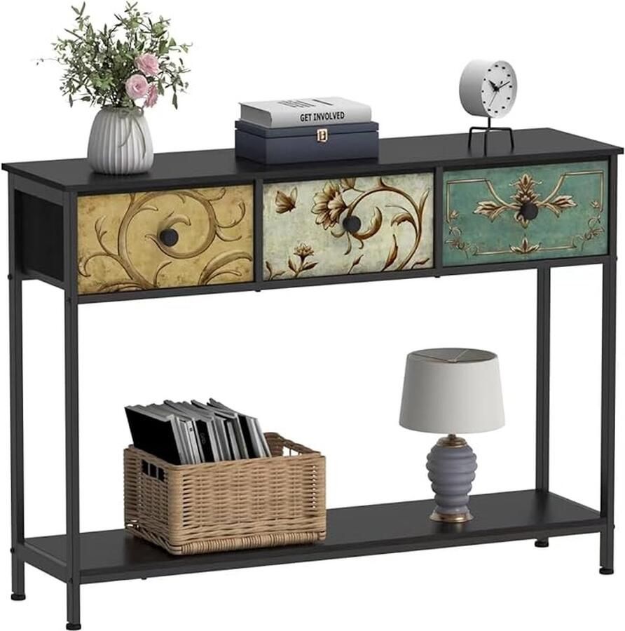 Consoletafel bijzettafel met 3 stoffen laden gangtafel met open opbergvakken entreetafel banktafel voor hal woonkamer slaapkamer hout metalen frame eenvoudige montage (zwart)