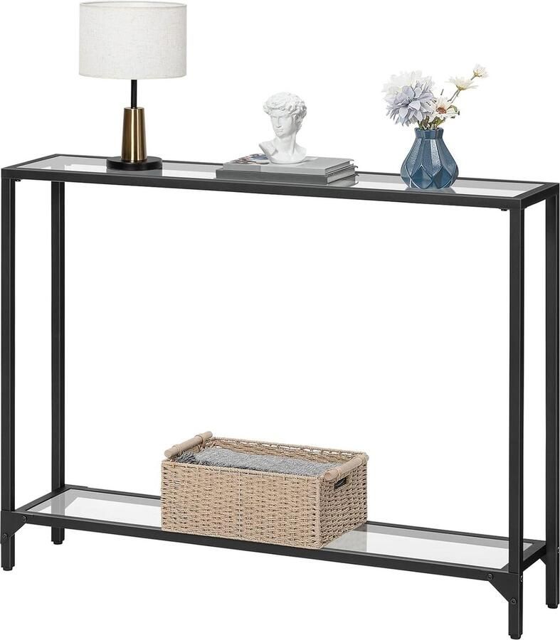 Consoletafel entreetafel 100 cm banktafel met gehard glas dressoir van glas tentoonstellingstafel woonkamer ingang hal zwart klassiek en transparant