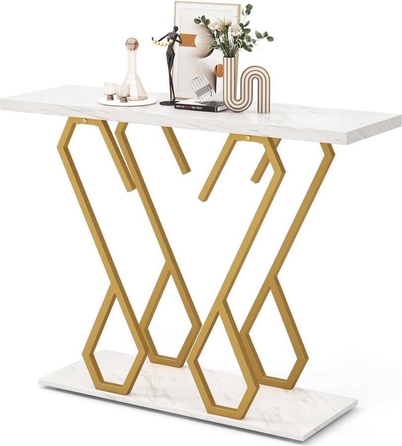 Consoletafel entreetafel marmerlook smal met metalen frame in vlindervorm bijzettafel goud + wit 100 x 30 x 79 cm voor woonkamer kantoor en entree