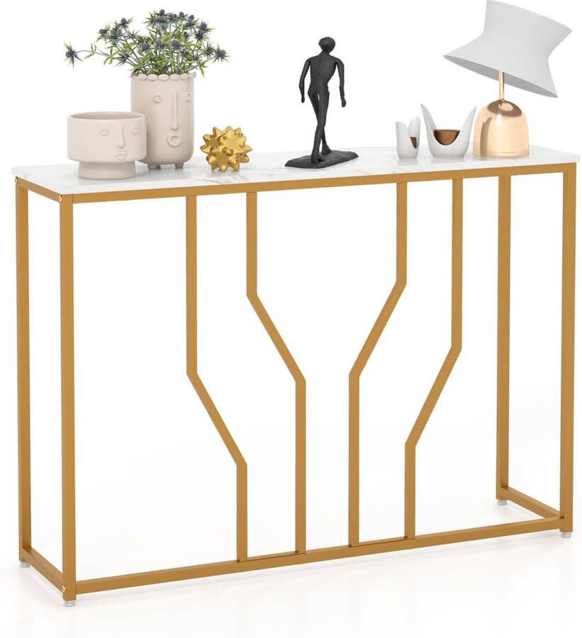 Consoletafel entreetafel smal marmerlook banktafel met geometrisch metalen frame bijzettafel goud + wit 110 x 30 x 80 cm voor woonkamer hal entree